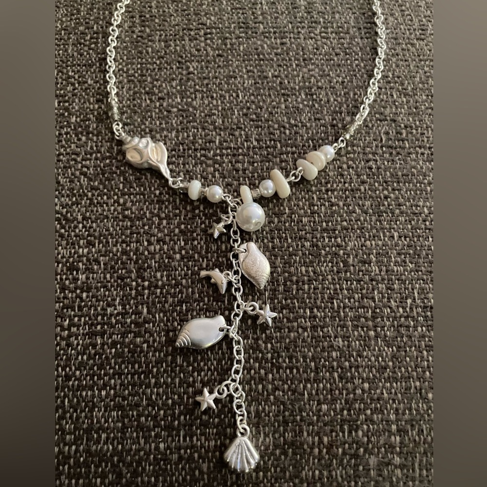 L’Amour Signed Silver Tone Beach Theme Lariat Necklace